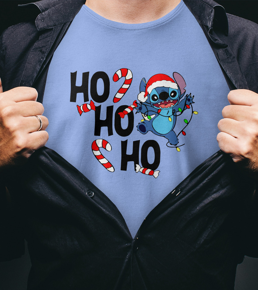 Stitch Ho Ho Ho Christmas Lights And Candy Canes T-Shirt