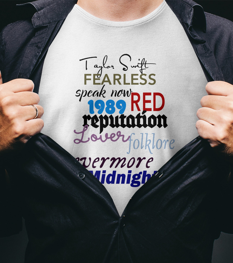 Taylor Swift Fearless Speak Now 1989 Red Reputation Lover Folklore Evermore Midnights The Eras Tour T-Shirt