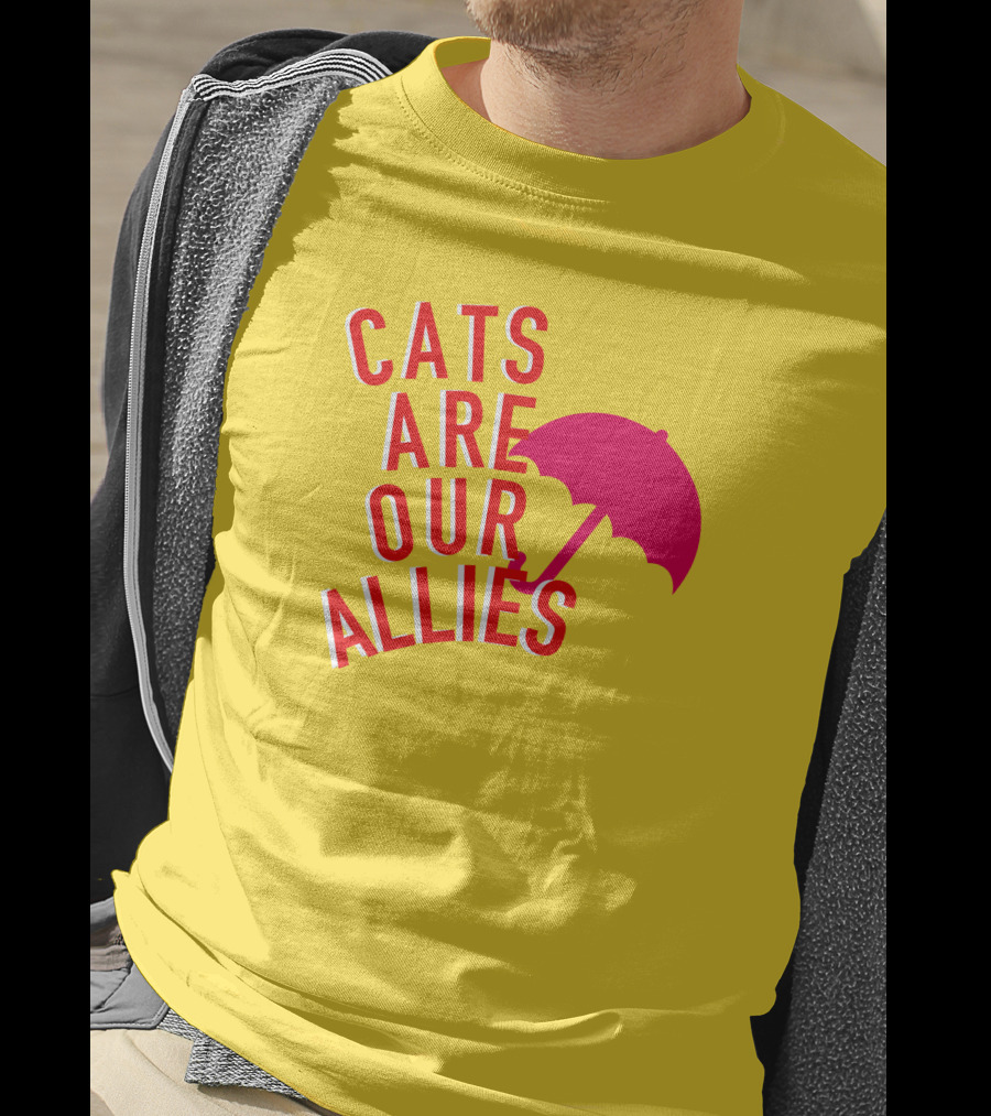 Jortsthecat Cats Are Our Allies Red Umbrella Yellow Background T-Shirt