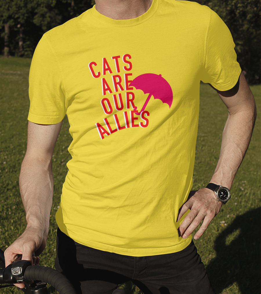 Jortsthecat Cats Are Our Allies Red Umbrella Yellow Background T-Shirt