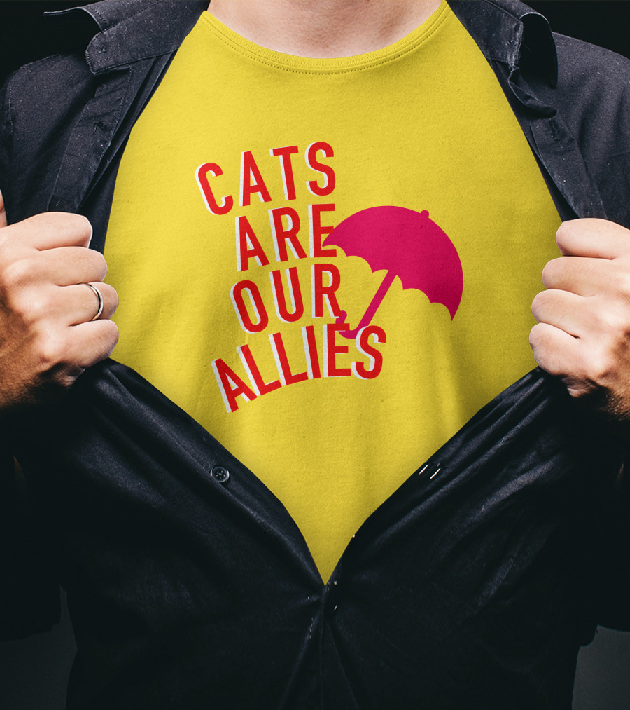 Jortsthecat Cats Are Our Allies Red Umbrella Yellow Background T-Shirt