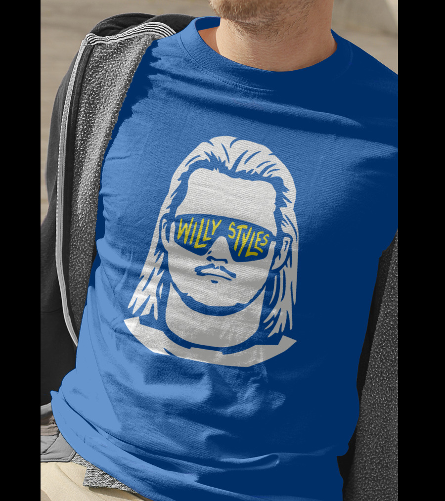 Willy Styles Sunglasses Graphic Blue Background T-Shirt