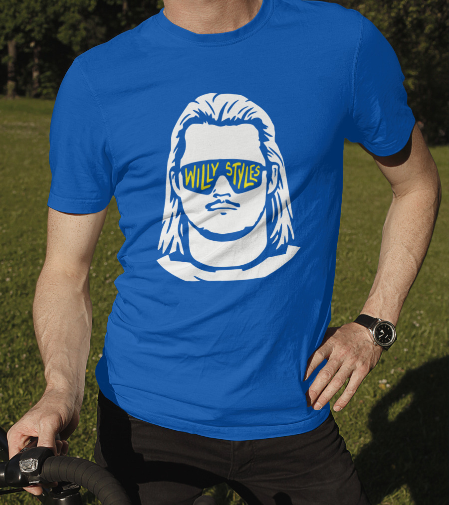 Willy Styles Sunglasses Graphic Blue Background T-Shirt