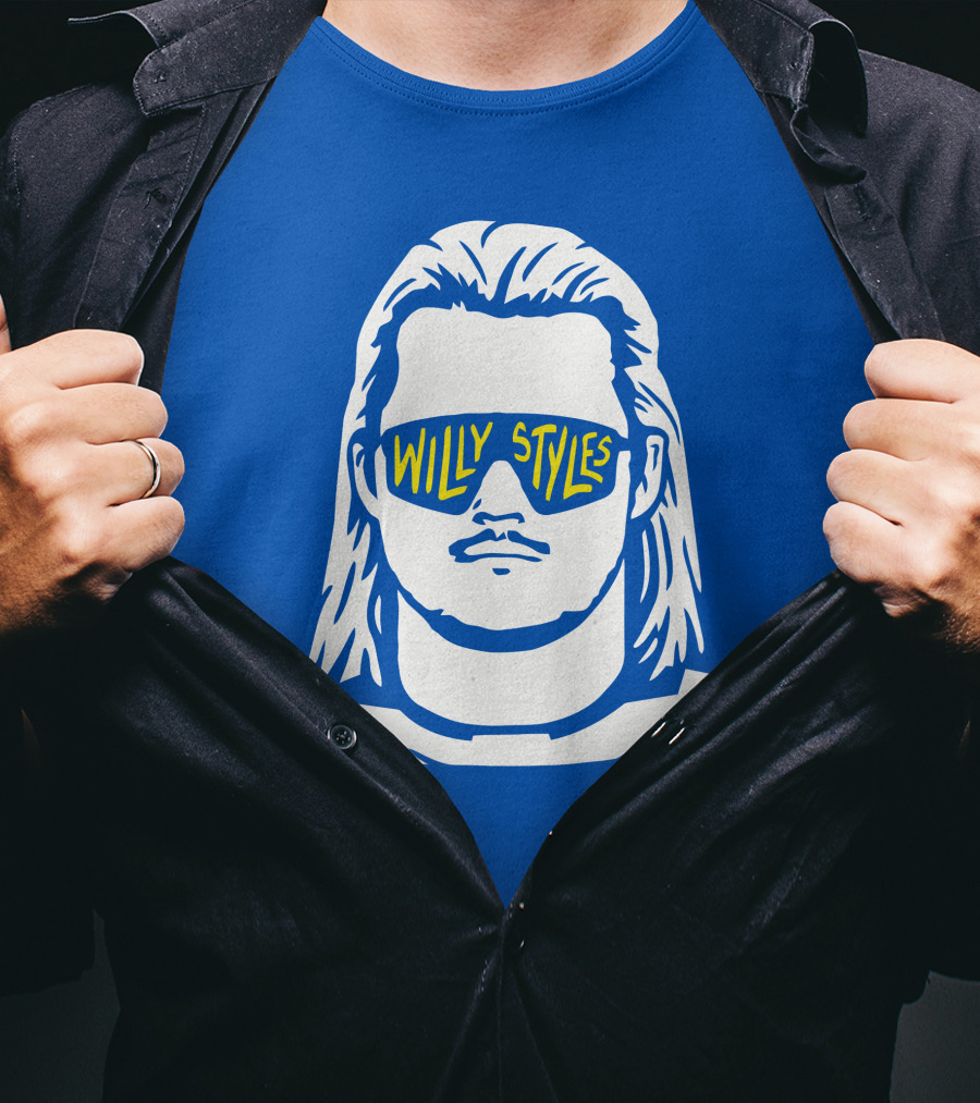 Willy Styles Sunglasses Graphic Blue Background T-Shirt