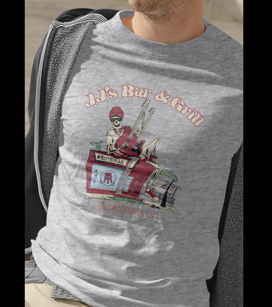 JJ's Bar And Grill Fayetteville AR Best Barstools Skeleton Playing Guitar T-Shirt