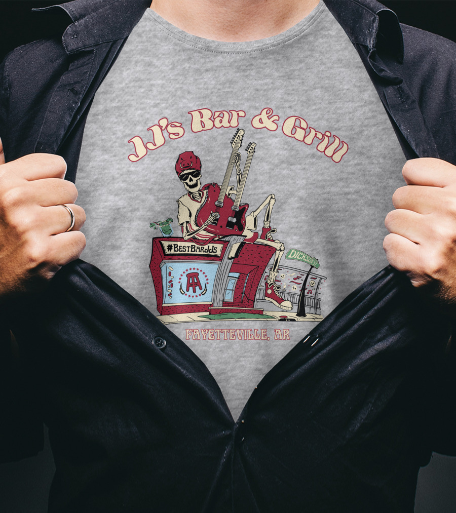 JJ's Bar And Grill Fayetteville AR Best Barstools Skeleton Playing Guitar T-Shirt