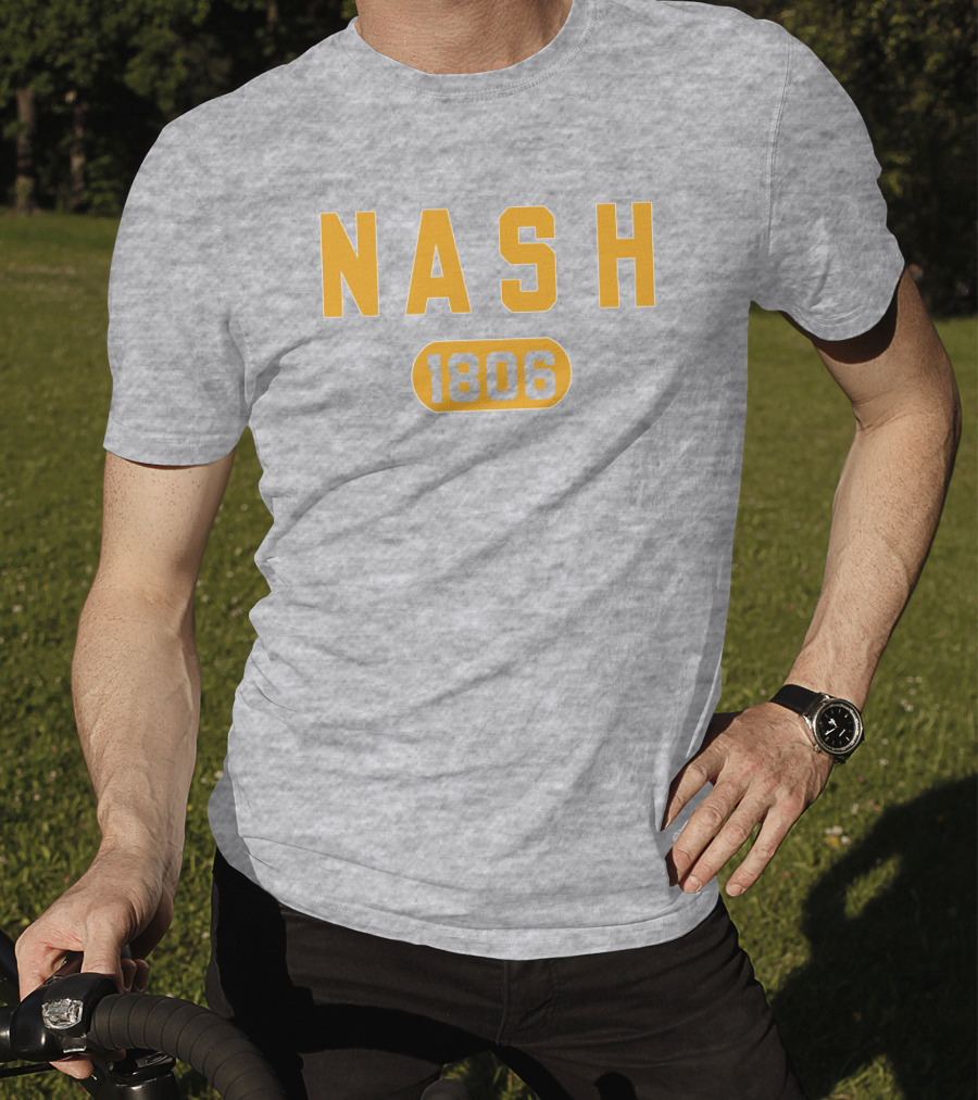Nash 1806 Retro Varsity Style Yellow Text On Gray Background T-Shirt