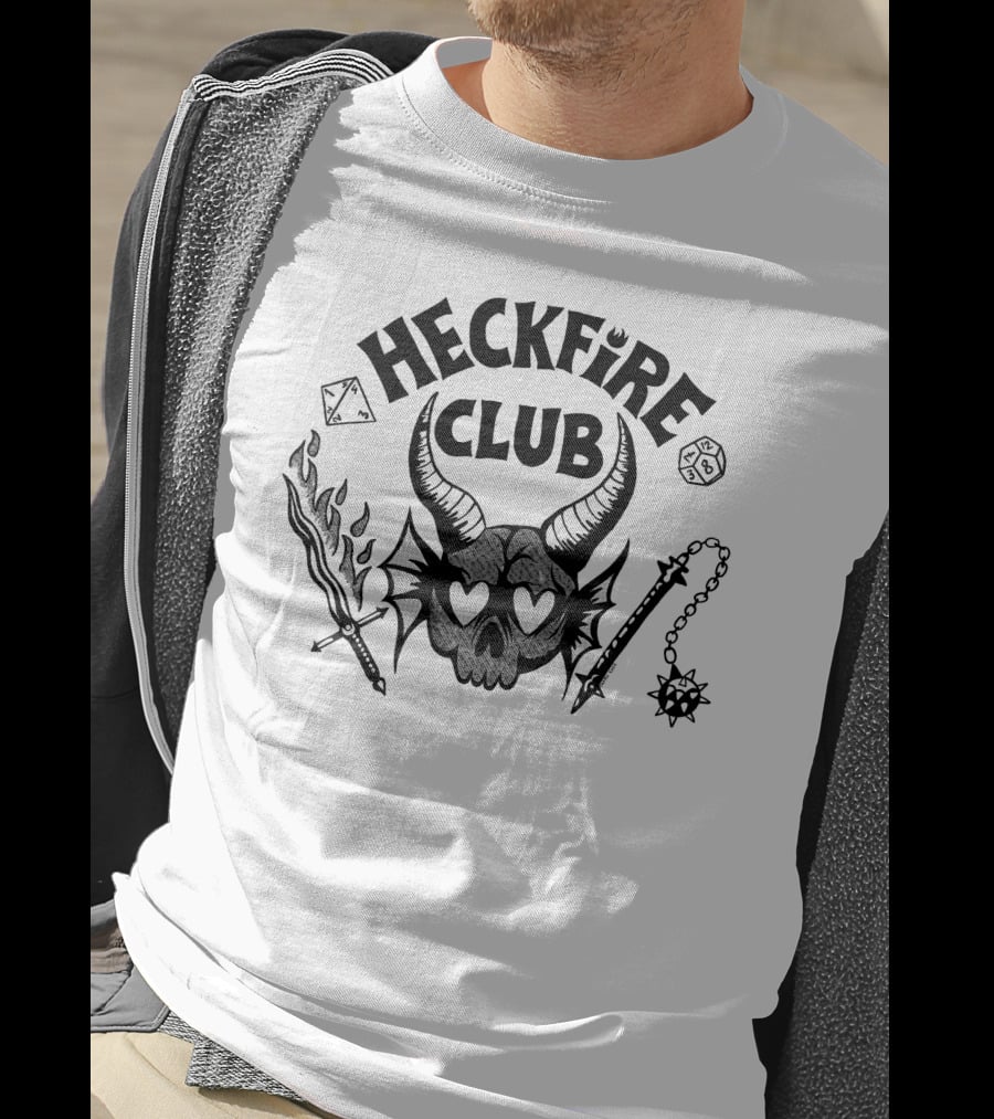 Heckfire Club Hawkins Leather Skull With Horns And Fantasy Dice T-Shirt