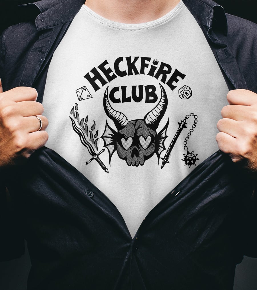Heckfire Club Hawkins Leather Skull With Horns And Fantasy Dice T-Shirt