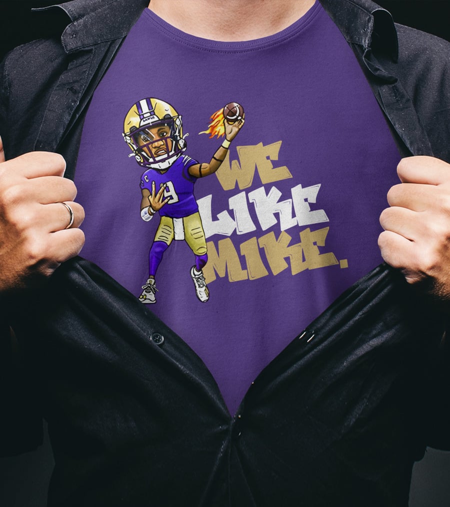 We Like Mike Football Character In Purple And Gold Gear Holding Flaming Ball T-Shirt