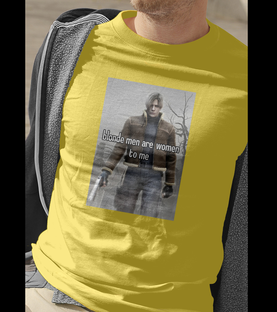 Blonde Men Are Women To Me Resident Video Game Character Brown Jacket Gun T-Shirt