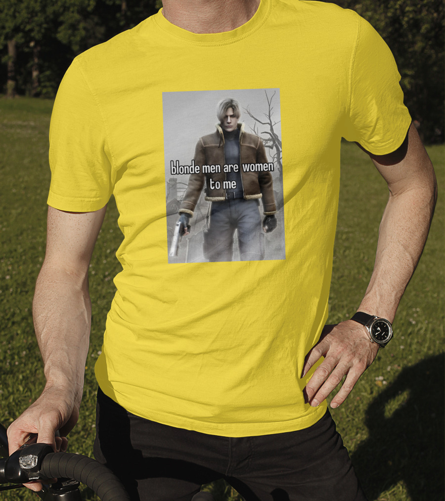 Blonde Men Are Women To Me Resident Video Game Character Brown Jacket Gun T-Shirt