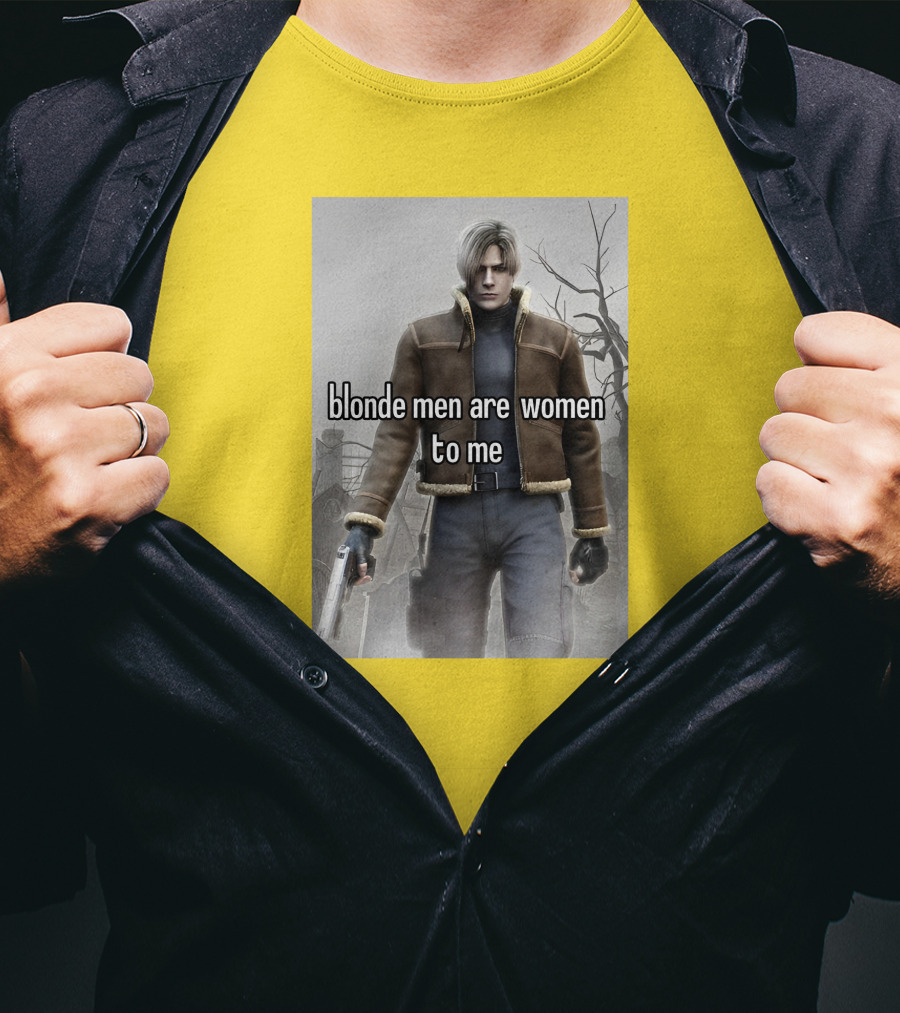 Blonde Men Are Women To Me Resident Video Game Character Brown Jacket Gun T-Shirt