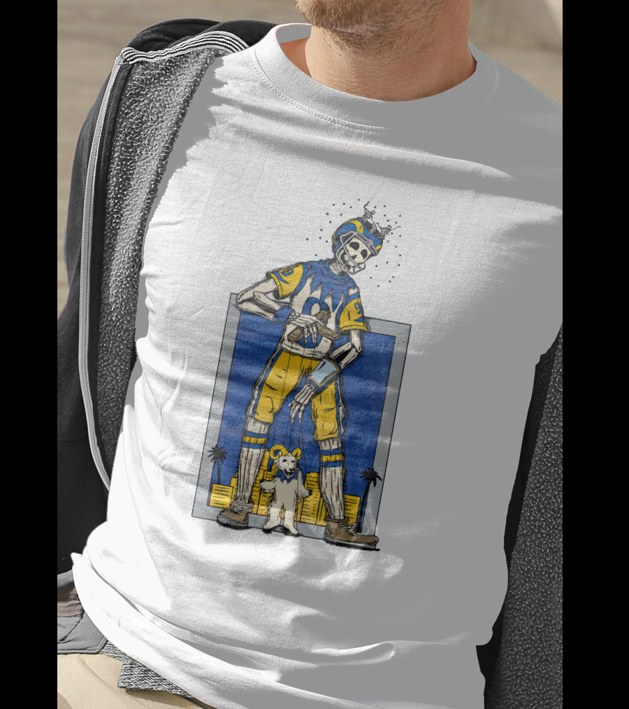 LA Skeleton Football Player Blue Gold Dog Helmet Cityscape T-Shirt