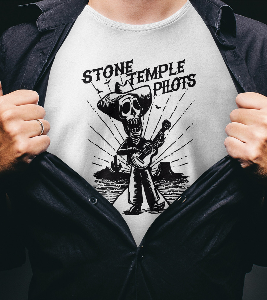 STONE TEMPLE PILOTS Skeleton Cowboy Playing Guitar Desert Scene T-Shirt