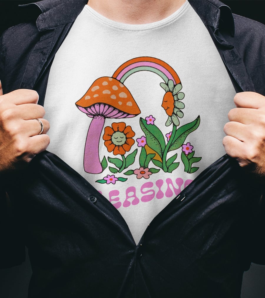Pleasing Rainbow Mushroom And Floral T-Shirt