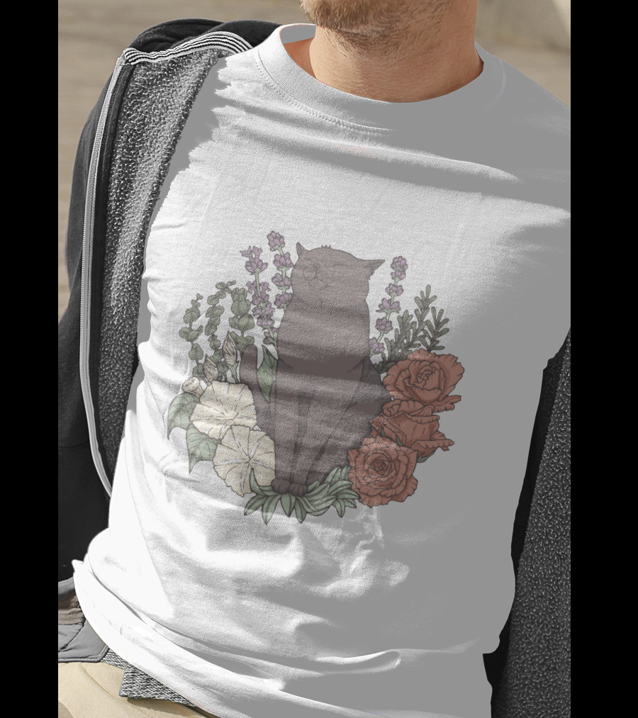 Blissful Cat Surrounded By Autumn Floral Breeze T-Shirt