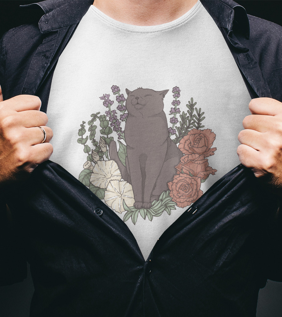 Blissful Cat Surrounded By Autumn Floral Breeze T-Shirt