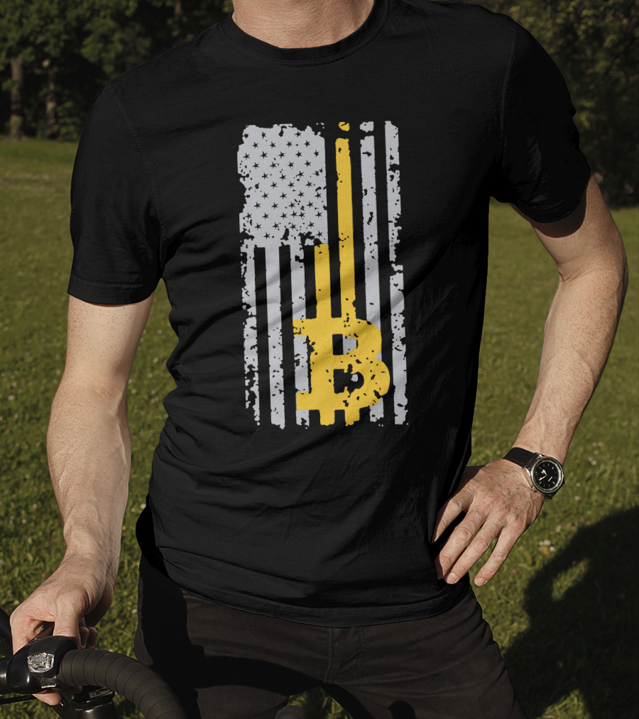 Bitcoin Logo On Distressed American Flag Background T-Shirt