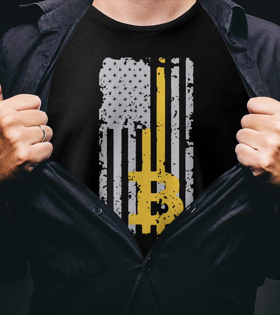 Bitcoin Logo On Distressed American Flag Background T-Shirt