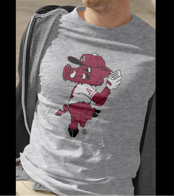 Razorbacks Pitching Ribby Baseball Cartoon Character T-Shirt