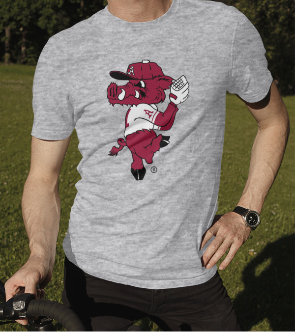Razorbacks Pitching Ribby Baseball Cartoon Character T-Shirt