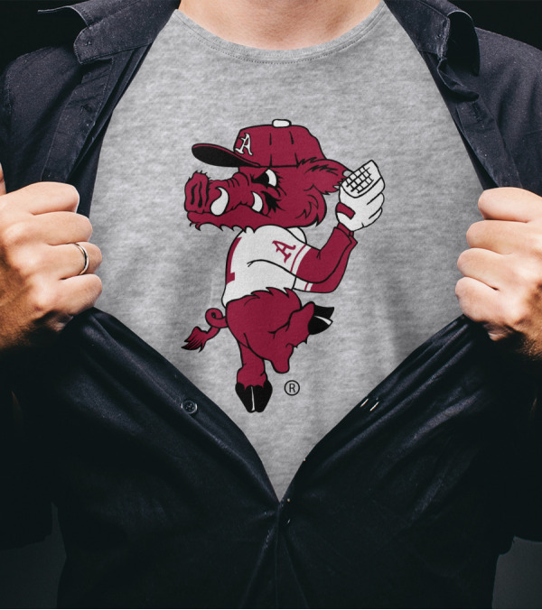 Razorbacks Pitching Ribby Baseball Cartoon Character T-Shirt