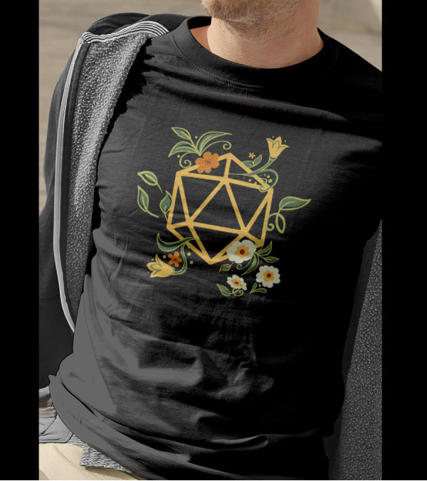 Geeky Polyhedral D20 Dice Set With Floral Plant Elements T-Shirt