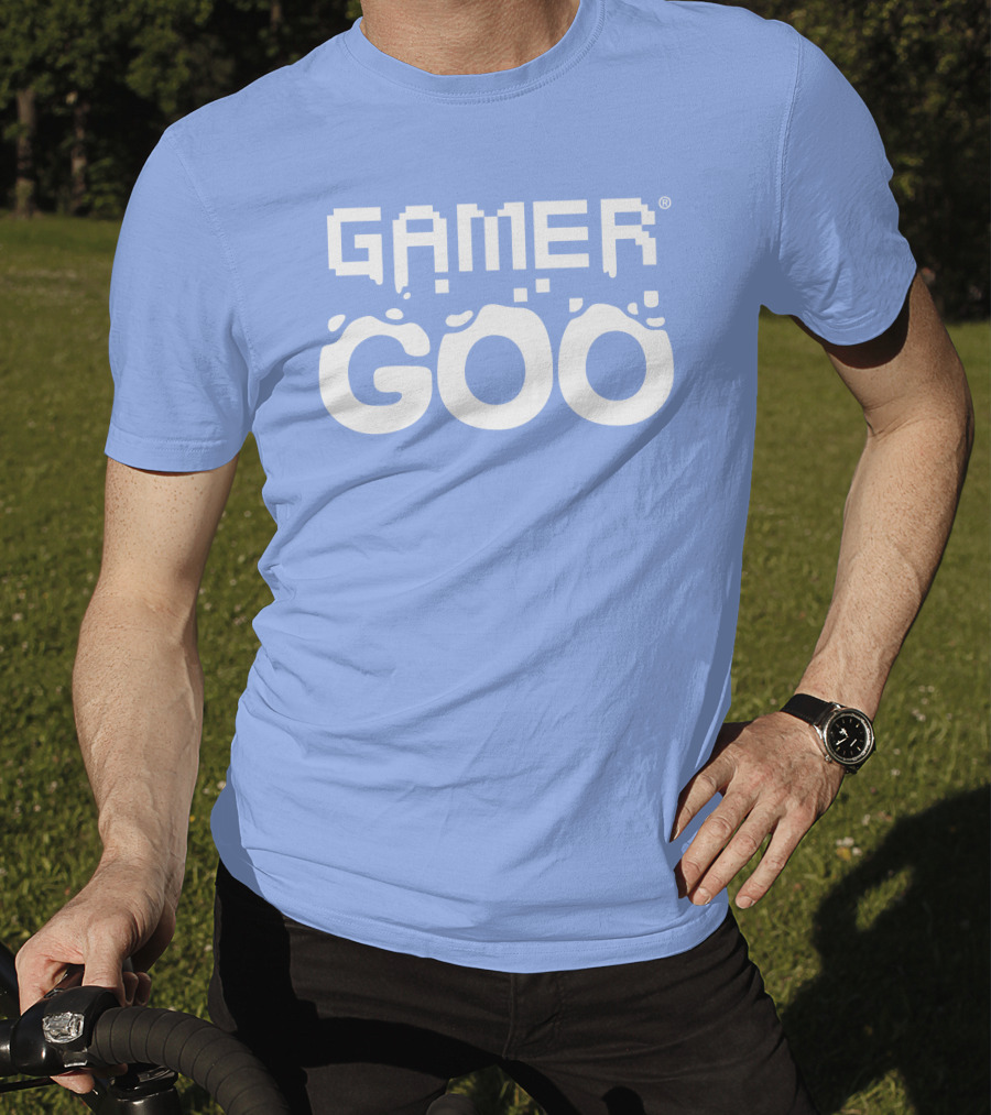 Gamer Goo Retro Pixel Font Blue Background T-Shirt