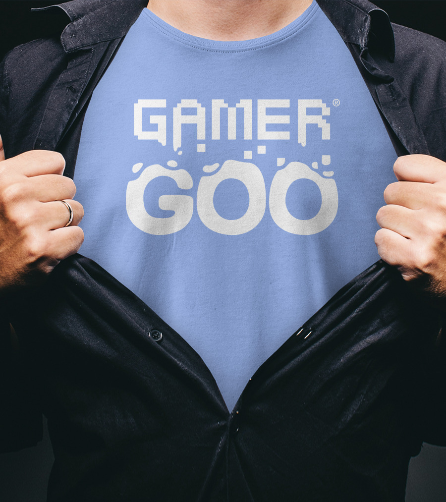 Gamer Goo Retro Pixel Font Blue Background T-Shirt