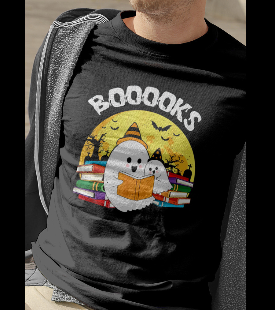 Booooks Ghost Reading Books Halloween Theme With Stacked Books And Bats T-Shirt
