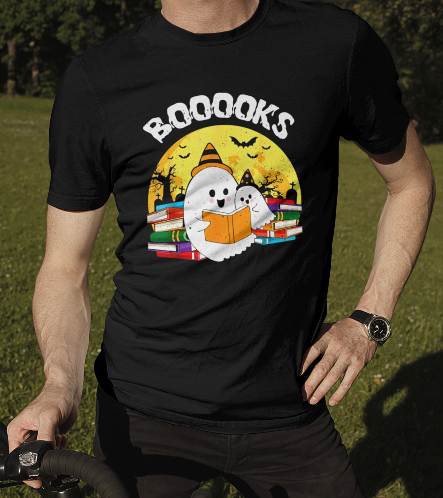 Booooks Ghost Reading Books Halloween Theme With Stacked Books And Bats T-Shirt