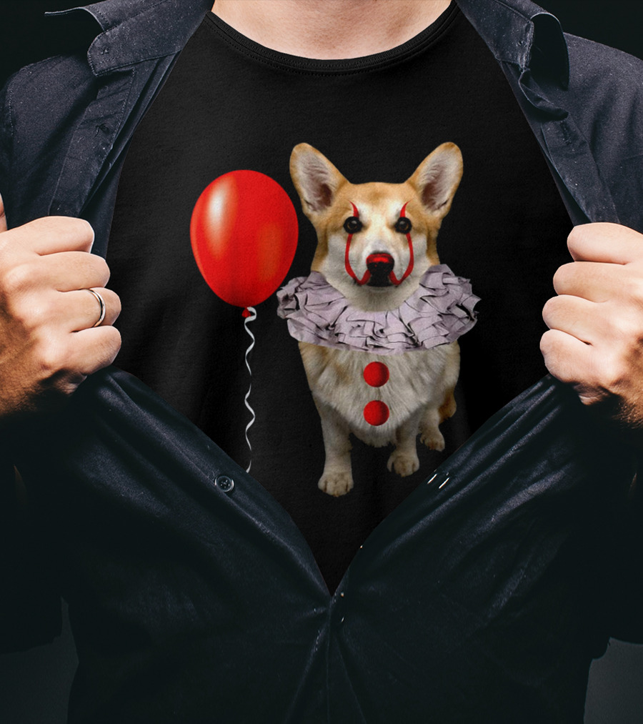 Red Balloon Corgi Scary Clown Funny Costume T-Shirt