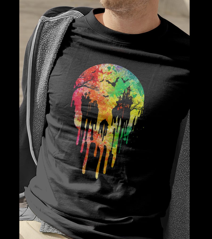 Melting Skull Colorful Night With Haunted Trees And Bats T-Shirt