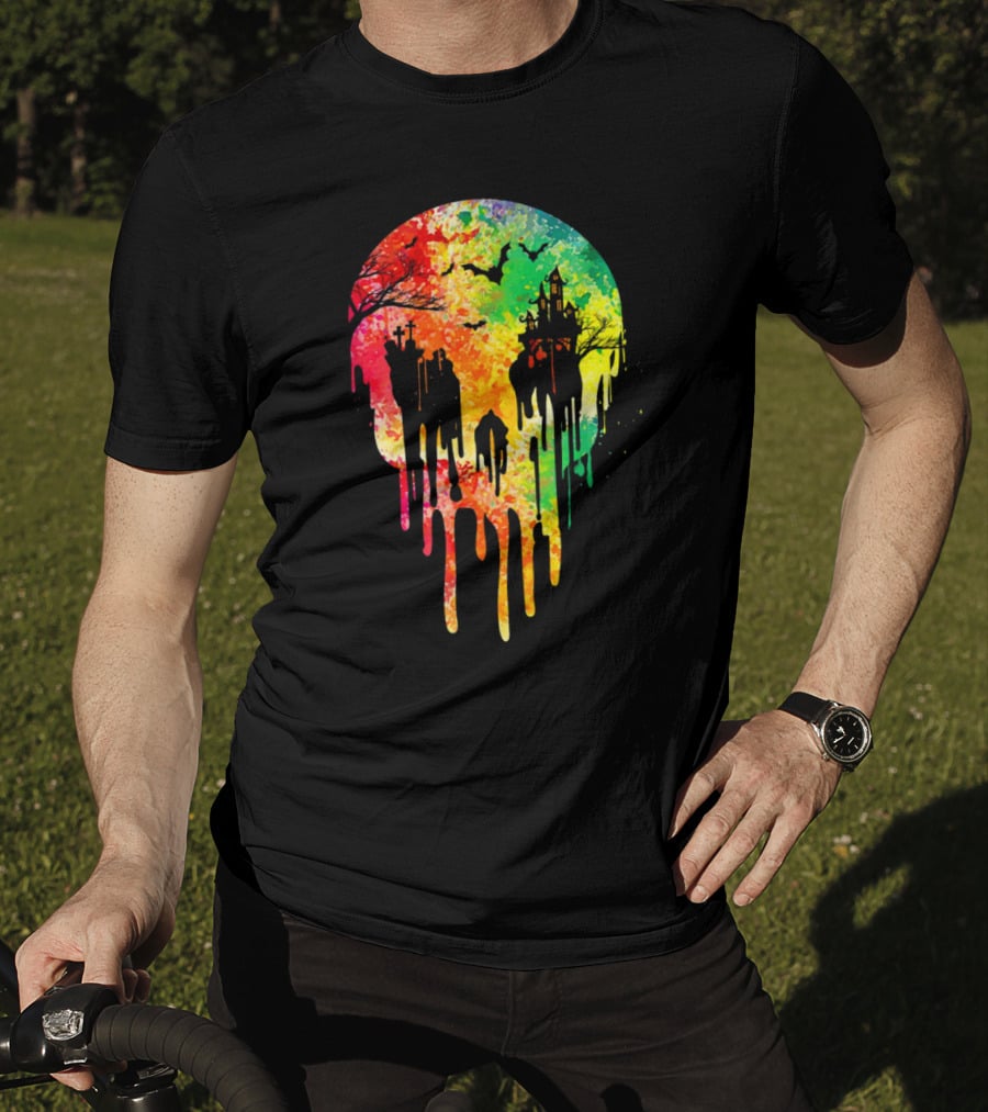 Melting Skull Colorful Night With Haunted Trees And Bats T-Shirt