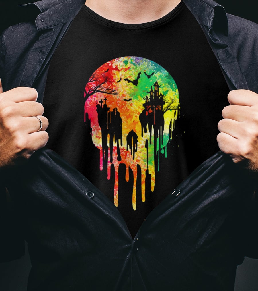 Melting Skull Colorful Night With Haunted Trees And Bats T-Shirt