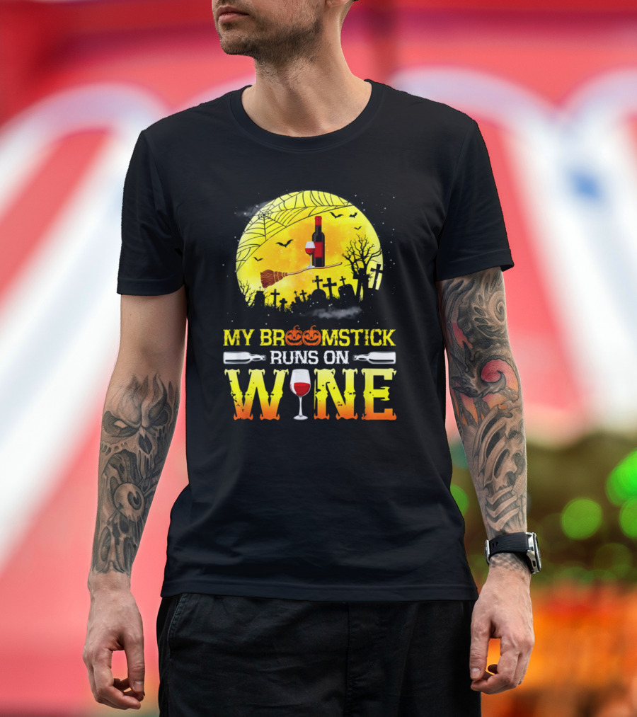 My Broomstick Runs On Wine Halloween Moon Pumpkins Graveyard Scene T-Shirt