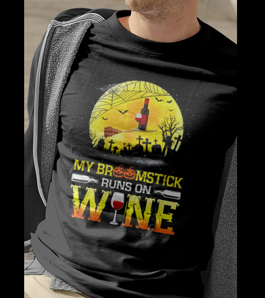 My Broomstick Runs On Wine Halloween Moon Pumpkins Graveyard Scene T-Shirt