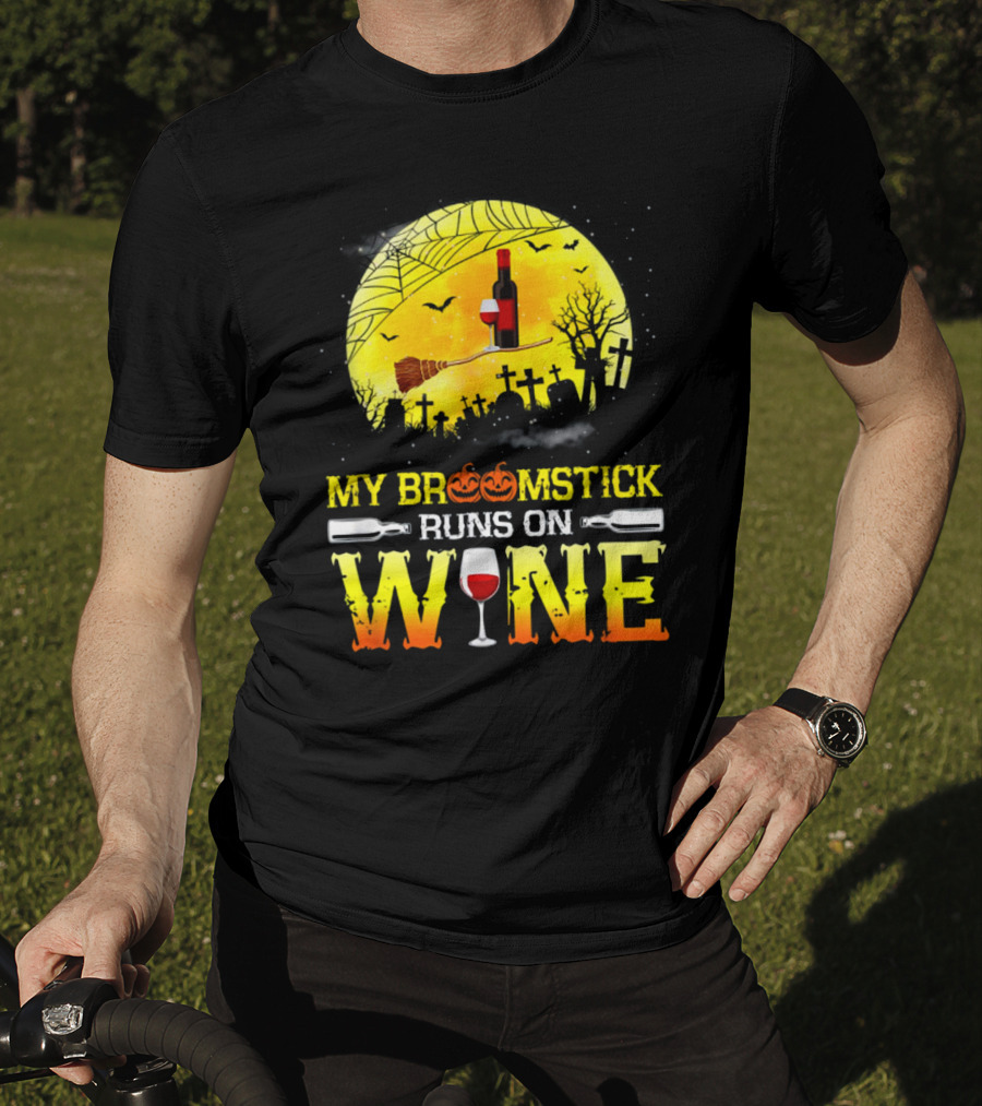 My Broomstick Runs On Wine Halloween Moon Pumpkins Graveyard Scene T-Shirt
