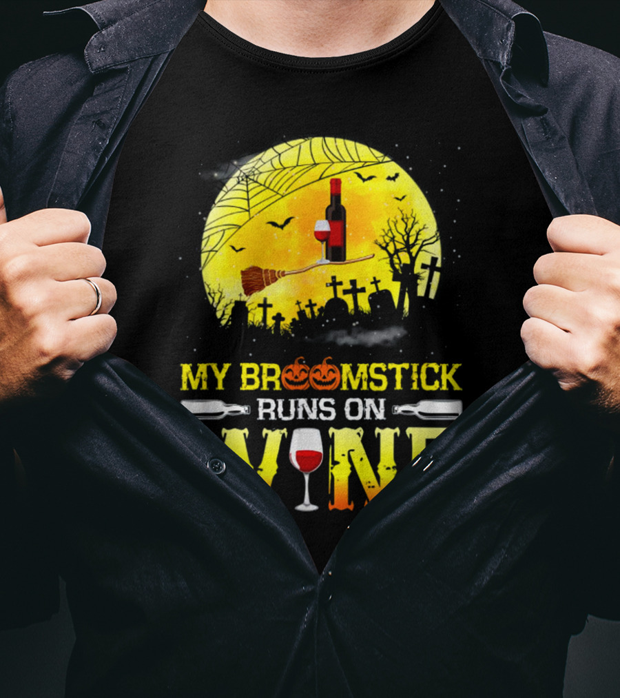 My Broomstick Runs On Wine Halloween Moon Pumpkins Graveyard Scene T-Shirt
