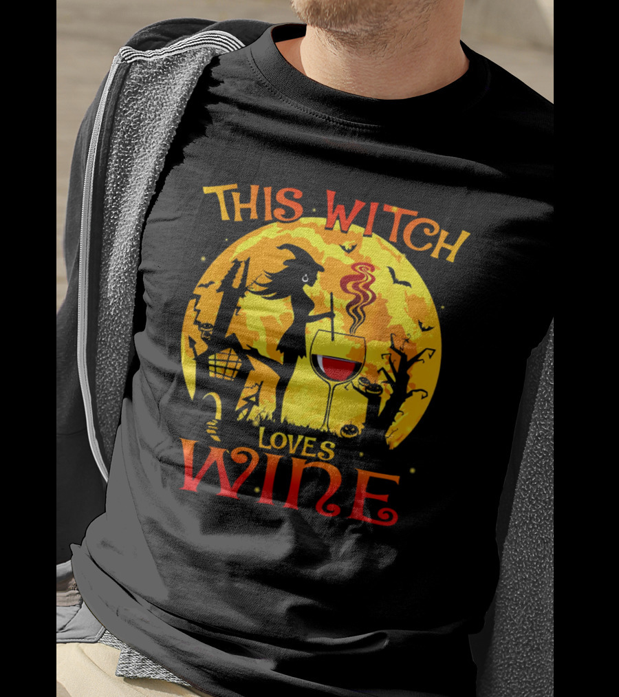 Witch Silhouette Enjoying Wine In Halloween Scene With Full Moon And Bats T-Shirt