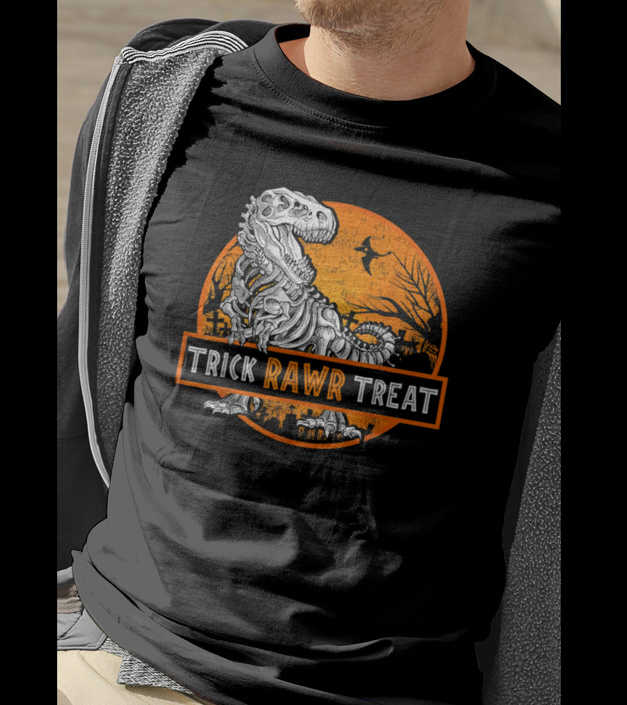 Trick Rawr Treat Halloween Skeleton T-Rex With Spooky Orange Background T-Shirt