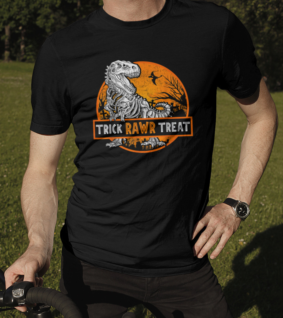 Trick Rawr Treat Halloween Skeleton T-Rex With Spooky Orange Background T-Shirt