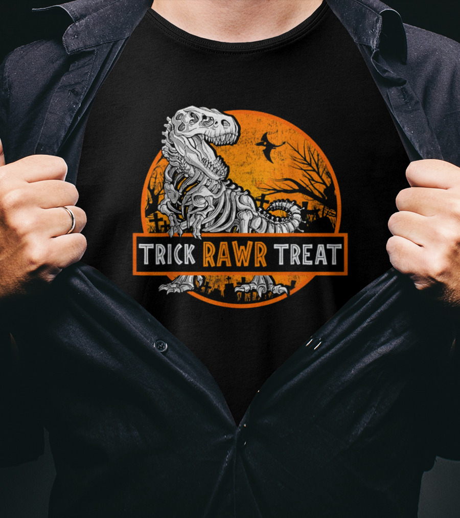 Trick Rawr Treat Halloween Skeleton T-Rex With Spooky Orange Background T-Shirt