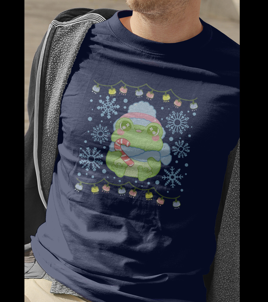 Merry Frogmas Cute Winter Frog With Candy Cane And Snowflakes T-Shirt