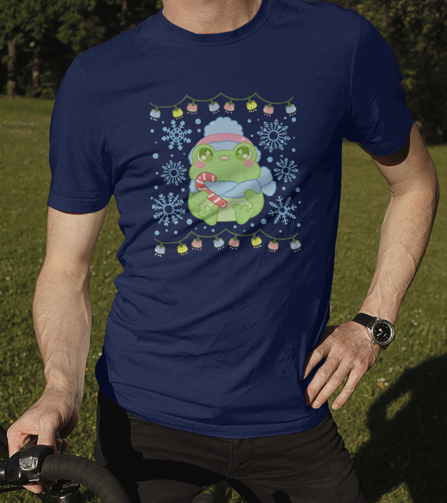 Merry Frogmas Cute Winter Frog With Candy Cane And Snowflakes T-Shirt