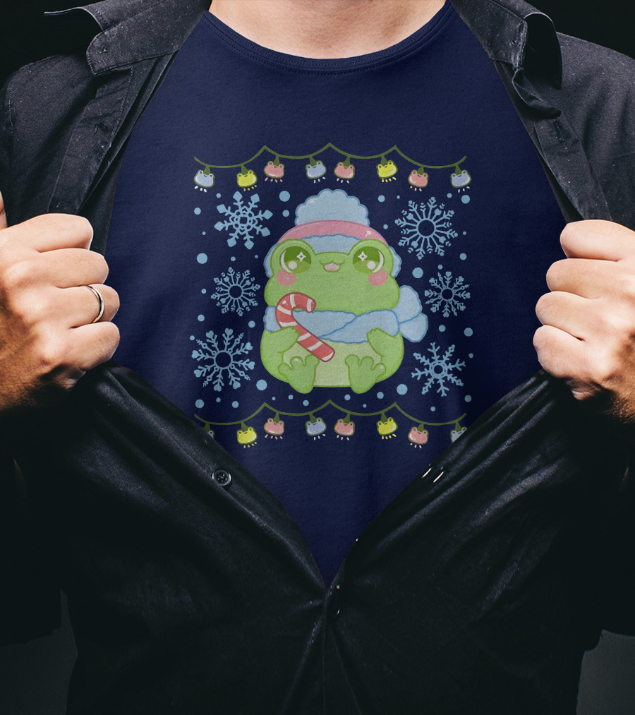 Merry Frogmas Cute Winter Frog With Candy Cane And Snowflakes T-Shirt