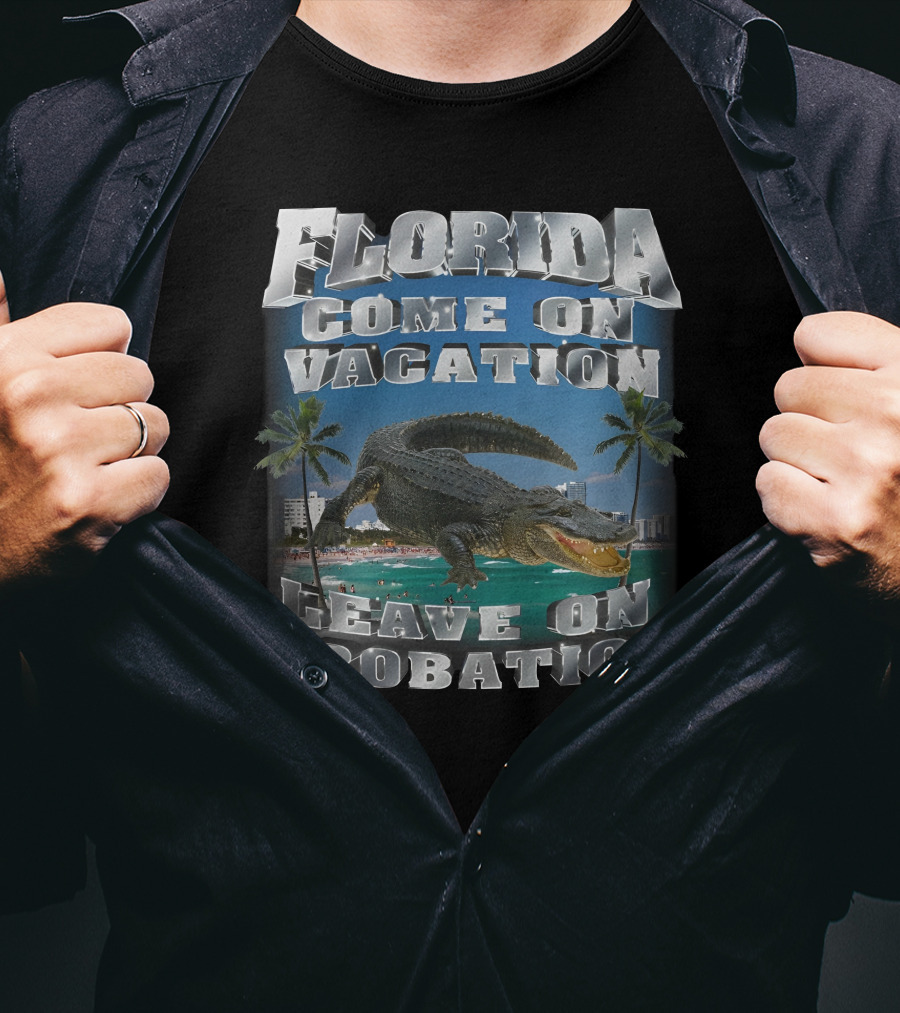 Florida Come On Vacation Leave On Probation Alligator Palm Trees Beach Scene T-Shirt