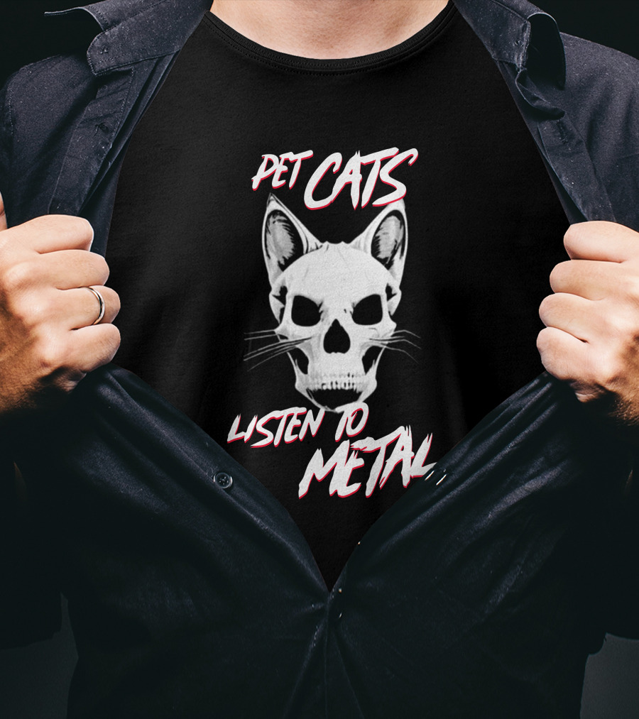 Pet Cats Listen To Metal Skull Cat Head T-Shirt