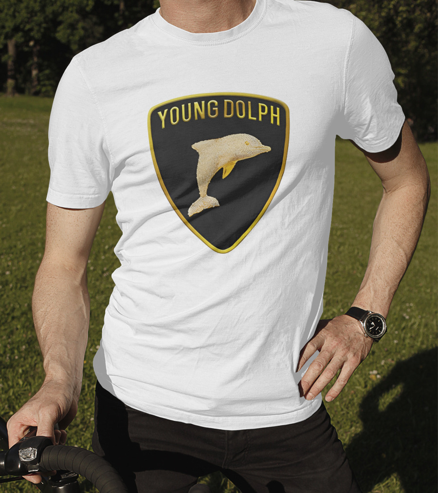 Young Dolph Rich Slave Emblem Gold Dolphin Badge T-Shirt